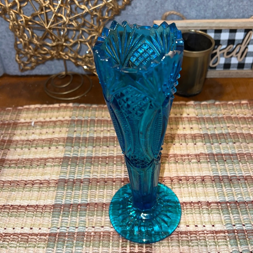 COPY - Antique EAPG Turquoise Pressed Glass Vase Saw Tooth Edge 9 “